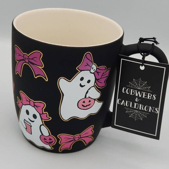 Cobwebs & Cauldrons Halloween ghost pink bow black mug - Picture 2 of 8